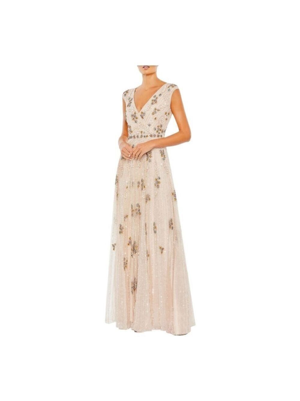 Mac Duggal Gown Size 14 Beige with Gold and Clear Sequins Gown